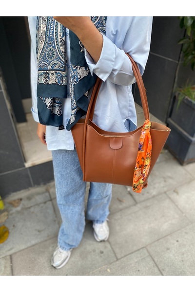 PurpleART Women's Tan Scarf Medium Size Shoulder Bag with Gift 22X30Cm