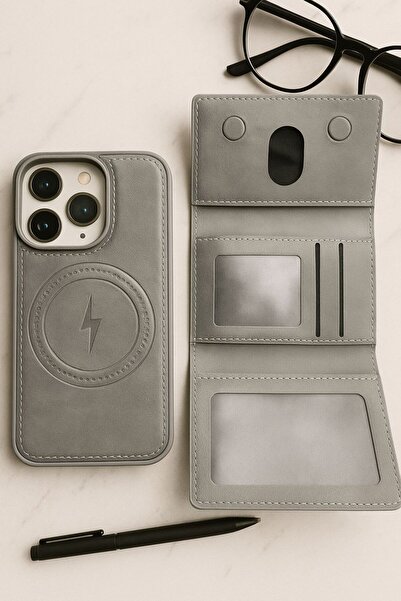 madamcase İPHONE 15 PRO MAX GRİ RENK DERİ CÜZDANLI KARTLIKLI MAGSAFE ÖZELLİKL...