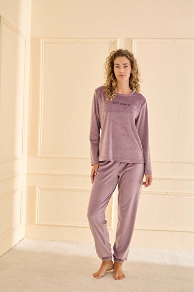 Mihra 13164R2698 Velvet Patchwork Leg Pajama Set