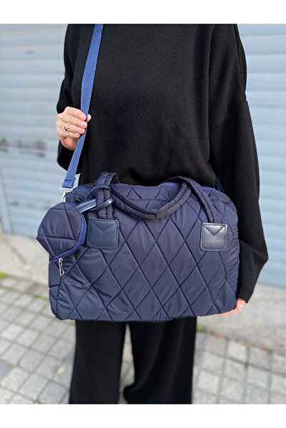 PurpleART Women's Navy Blue Quilted Embroidery Patterned Water Repellent Micro Fabric Hand and Shoulder Bag 30X40Cm