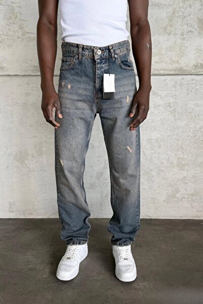 MADZEYMODA Men's Baggy Fit Ripped Detail Blue Denim Jean Trousers Ke-974