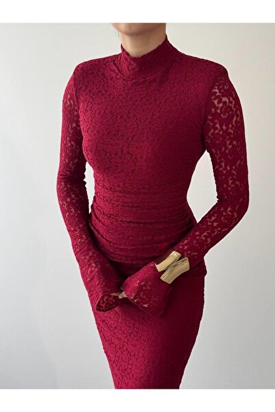 Julidress Burgundy Shoulder Pad Layered Mock Neck Lined Maxi Long Length Prem...