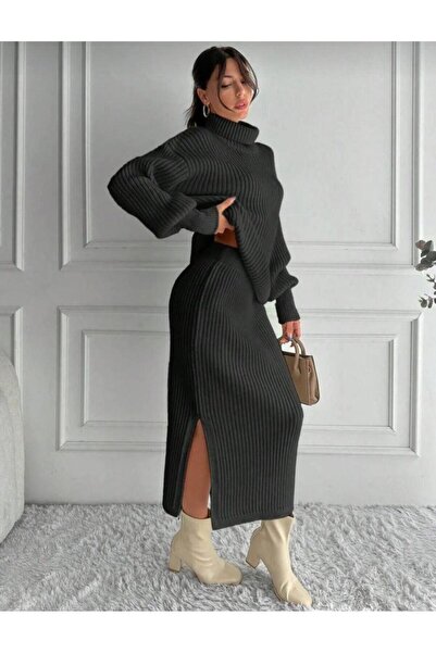 Cockatoo Women's Knitwear Set Turtleneck Sweater + Slit Skirts / Winter Knit Two-Piece Set