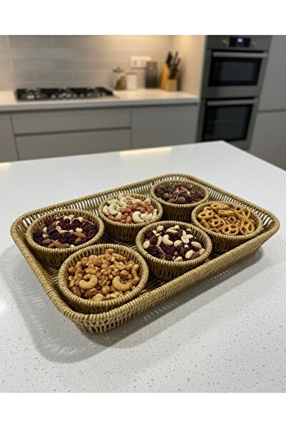 Tutku 7 Parça Rattan Hasır Çerezlik-Tepsili Set