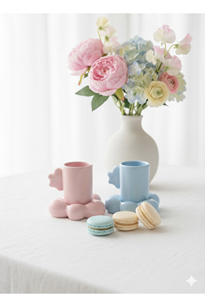 Deniz Kızı Seramik Set of 2 Cloud Cup Pink Blue / Handmade Ceramic Coffee Cup