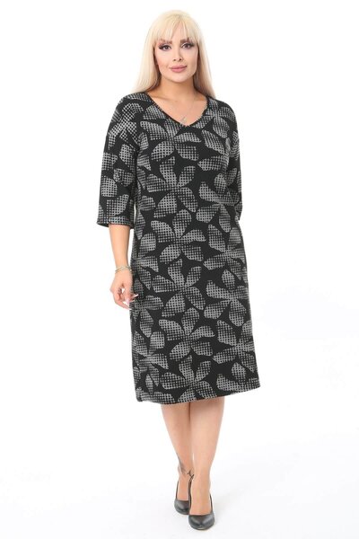Madwilo Women's Black Floral Pattern Three Quarter Sleeve Plus Size Stretchy Winter Dress