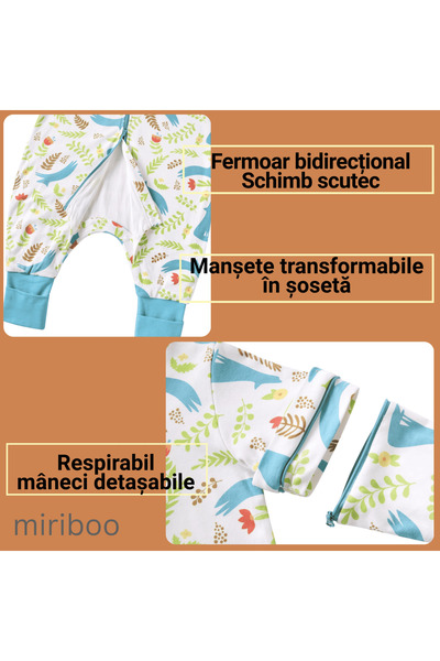 Miriboo Sleeping bag with feet 1–2.5 years, 1 TOG, 100% Cotton, Removable Sleeves, Temperature Indicator