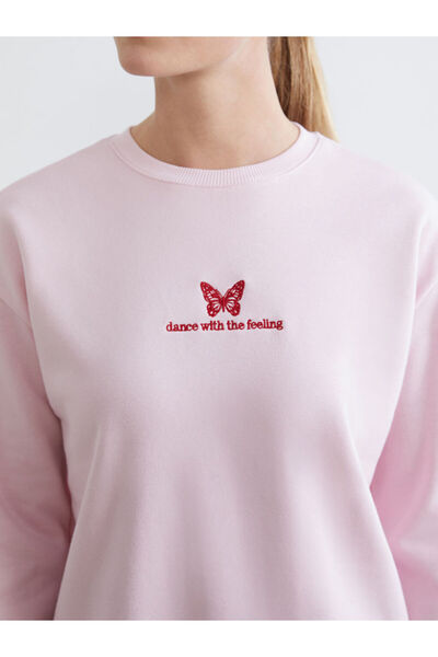 LC Waikiki Pink Embroidered Oversized Women's Thick Sweatshirt