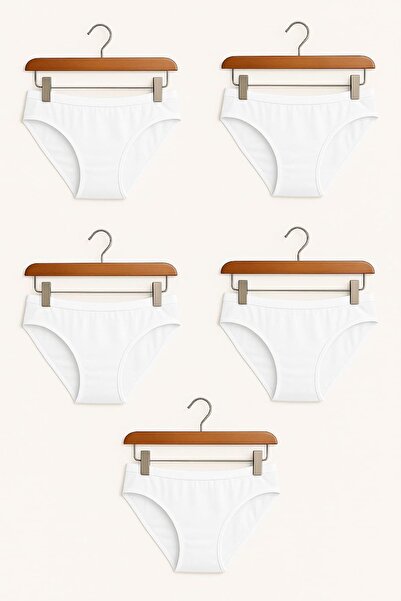 enmodaiçgiyim 5 Pieces White Cotton Basic Daily Women's Bikini Panties – Regular Waist, Non-Marking, Flexible and Comfortable