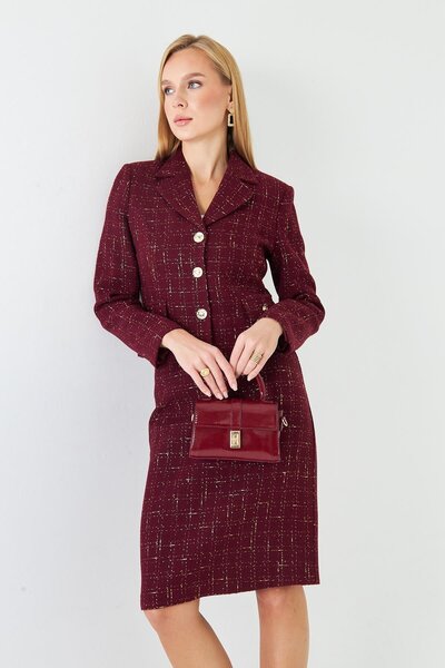 LOVELF Gold Düğmeli Tüvit Etekli Takım Bordo