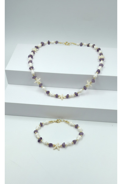 La Clarte Amethyst & Seashell Natural Stone Necklace and Bracelet |   Gold Tone Spacer Beads, Nickel Free