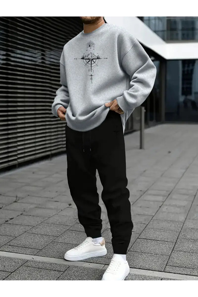 ibibik moda طقم رياضي ماونتن مطبوع باللون الرمادي والأسود