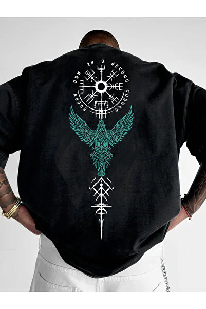 ibibik moda Tricou supradimensionat cu simbol viking și model de vultur