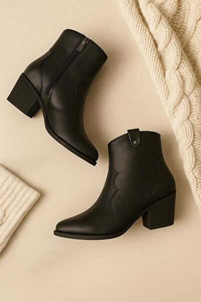 BellaPiede Kadın Siyah Sivri Burun Kovboy Bot – Kalın Topuk, Western Tarz, Gü...