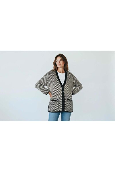 EREN STYLE Patterned Mimosa Knitted Sweater V-Neck Cardigan with Pockets