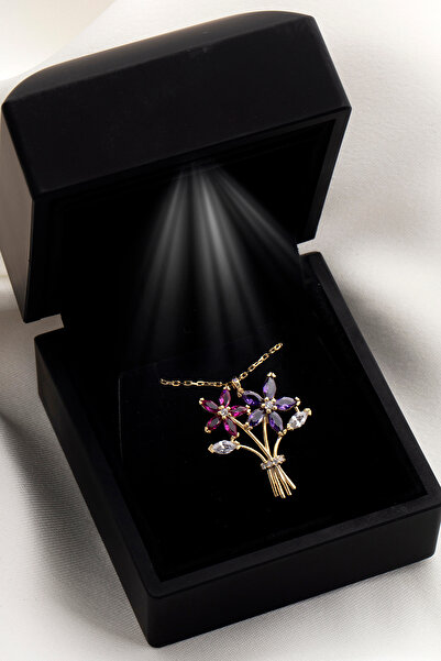 SARIASLAN Işıklı Kutuda Yakut Ametist Zirkon Çiçek Buketi Gümüş Kolye Gold Renk
