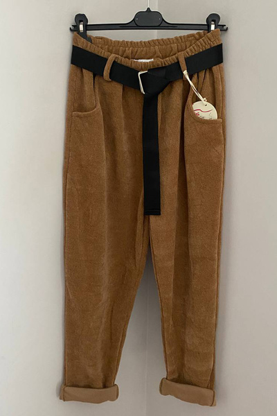 AYASOFYA OTANTIK Women's Italian Cappuccino Color Elastic Waist Pocketed Buckle Belted Casual Velvet Trousers