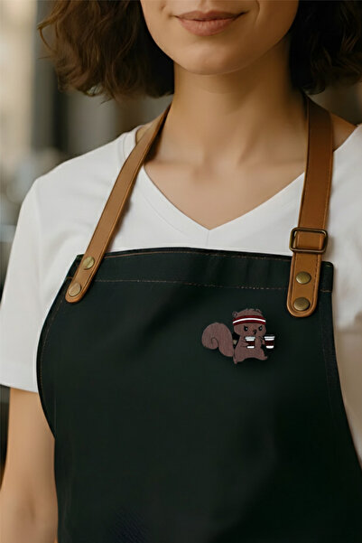 gokmentoy Sincap Kahve Temalı Barista Rozet El Boyaması Ahşap Broş