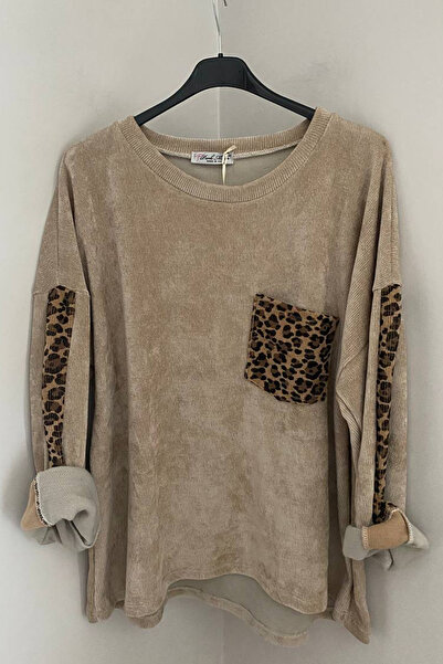 AYASOFYA OTANTIK Women's Italian Cream Leopard Print Detailed Asymmetrical Single Pocket Loose Oversized Long Sleeve Velvet Blouse