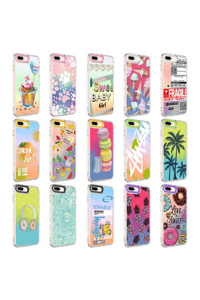 zore iPhone 8 Plus Case Camera Protected Colorful Patterned Hard Silicone Ata Horn Cover - No4