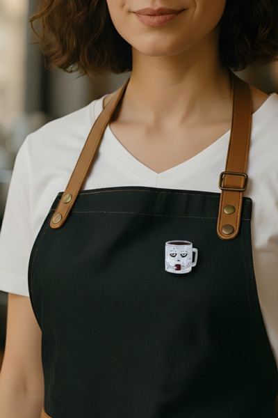 gokmentoy Üzgün Surat Fincan Kahve Temalı Barista Rozet El Boyaması Ahşap Broş