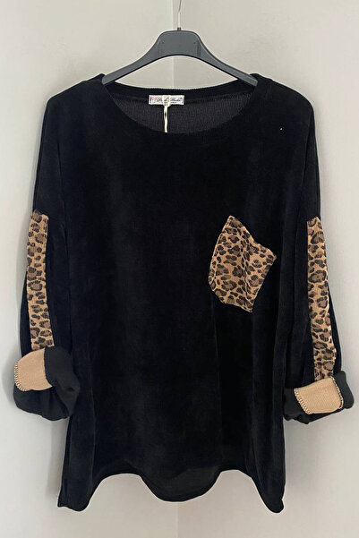 AYASOFYA OTANTIK Women's Italian Black Leopard Print Detailed Asymmetrical Single Pocket Loose Oversized Long Sleeve Velvet Blouse