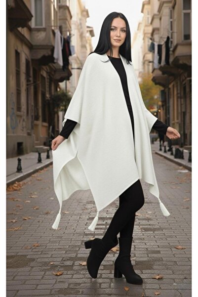 Cockatoo Women's Fringe Detailed Oversized Knitwear Poncho Seasonal Shawl Cardigan (Soft Textured)