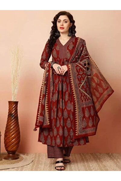 MYSMAR دوباتا سلوار قميص قطني فيسكوز كستنائي - ALV2010 | كستنائي