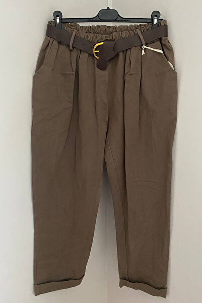 AYASOFYA OTANTIK Women's Italian Mink Plain Pattern Elastic Waist Pocketed Buckle Belted Loose Gabardine Trousers