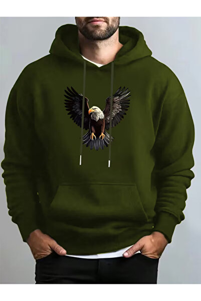 PENTHİLUS سويت شيرت rkek Black Eagle مطبوع بغطاء رأس – جيب كنغر