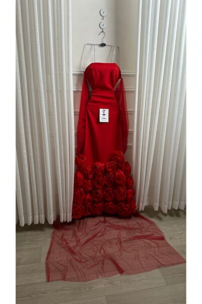 Onila Red dress with roses at the bottom and a long shawl at the back
