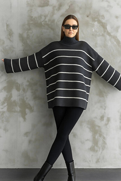 KAZAX Striped Spanish Sleeve Knitwear High-Neck Sweater Anthracite Elf