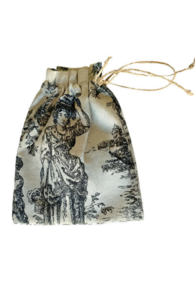 Buemshop French Village Mini Kese 13x18 cm | Siyah Toile de Jouy Keten Jüt İpli Büzgülü Hediye Kesesi