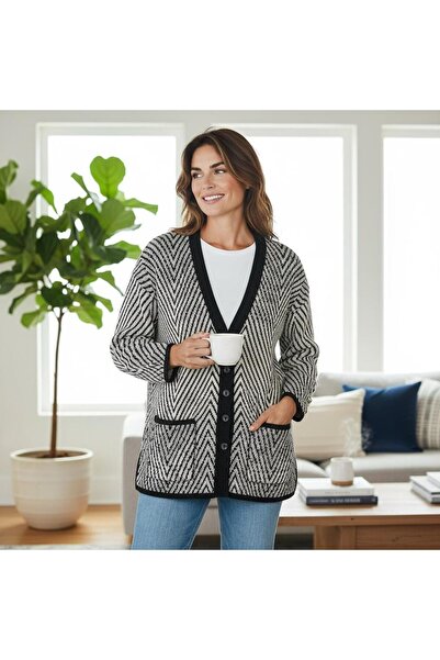 EREN STYLE Patterned Mimosa Knitted Sweater V-Neck Cardigan with Pockets