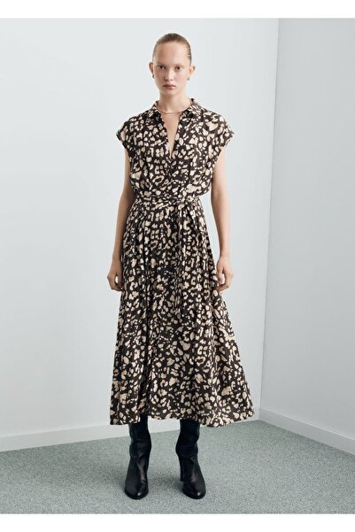 MANGO Woman Kemerli desenli gömlek elbise