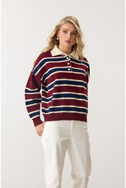 DAMGA Collection Women's Trend Clothing Striped Polo Neck Knitwear Sweater