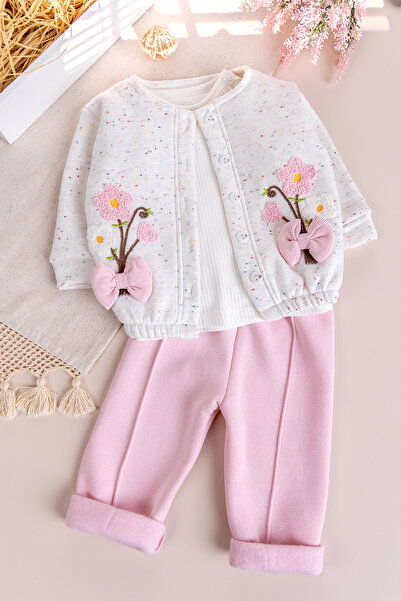 Babymod Baby Girl Cardigan Three Thread Raised Flower Embroidered 100% Cotton 3-Piece Set