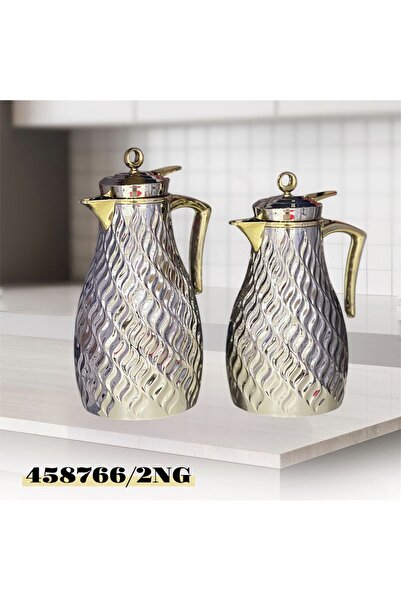 AR Qamar Thermos Set, 2 Pieces, Nickel Gold Plated, Hollow, 1.0 + 1.0 Liter