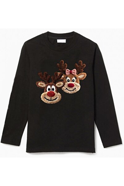 Efendioğlu Design Long-Sleeved 2 Deer Embroidery Image Printed Christmas New Year Printed Cotton Children's T-Shirt