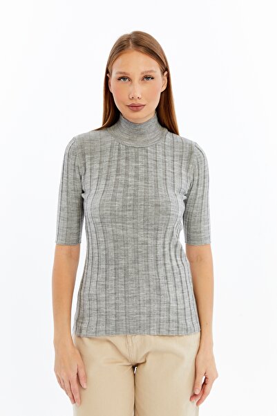 MA ananas Mock Neck Short Sleeve Corded Fabric Knitwear Sweater