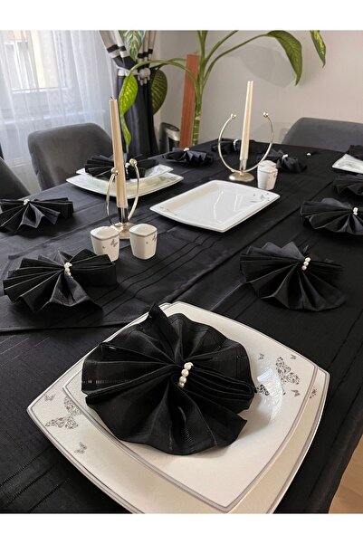 BRL ÇEYİZ HOME Colber Stripe Detailed Worry-Free Tablecloth Dinner Set for 12 People 26 Pieces - Table 160X220