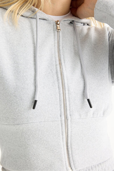 veres Liva Light Gray Hooded Cardigan and Sweatpants Thick Bottom-Top Set