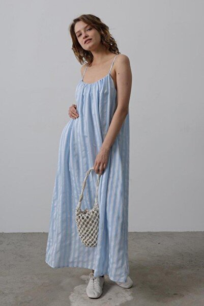 novafems Strappy Stripe Pattern Dress - Baby Blue