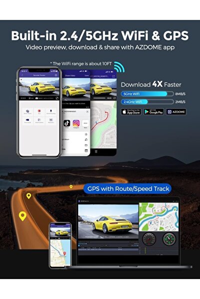 AZDOME Cameră auto DVR M550Pro, Dublă, 4K, WiFi, GPS, 5GHz, WDR, G-Sensor, Card de memorie 64Gb inclus
