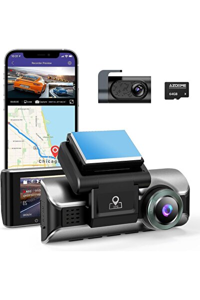 AZDOME Cameră auto DVR M550Pro, Dublă, 4K, WiFi, GPS, 5GHz, WDR, G-Sensor, Card de memorie 64Gb inclus