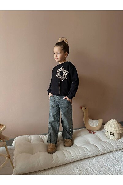 inebolu kids Leopard Floral Embroidered Sweat Jeans Pants 2-Piece Set for Girls