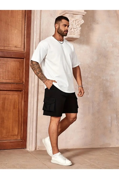 EXPECTED Men's Black Cargo Pocket Cotton Combed Casual Stylish Shorts