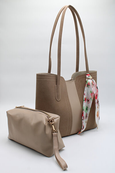 LASSO Women's Large Size Beige Scarf Detailed Puppy Suede Leather Hand, Arm and Shoulder Bag