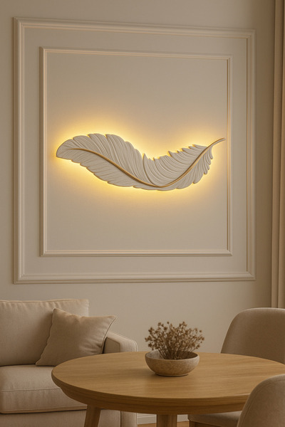 ASZEN Dekoratif Beyaz Gold Kuş Tüyü Aplik – 67×26 cm – 9W Pilli – Her Yöne As...