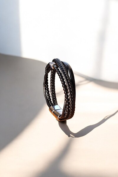 MAT Deri Men's Genuine Leather Bracelet Gift Knitted & Stone Detailed Bracelet Accessory